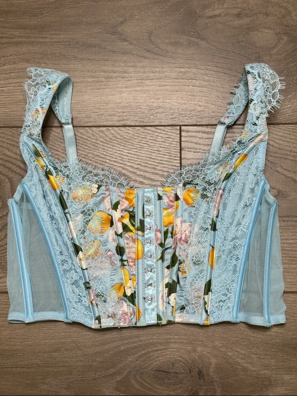 Victoria's Secret Dream Angels Unlined Lace Corset Bra Blue‎ Lemon Size Medium